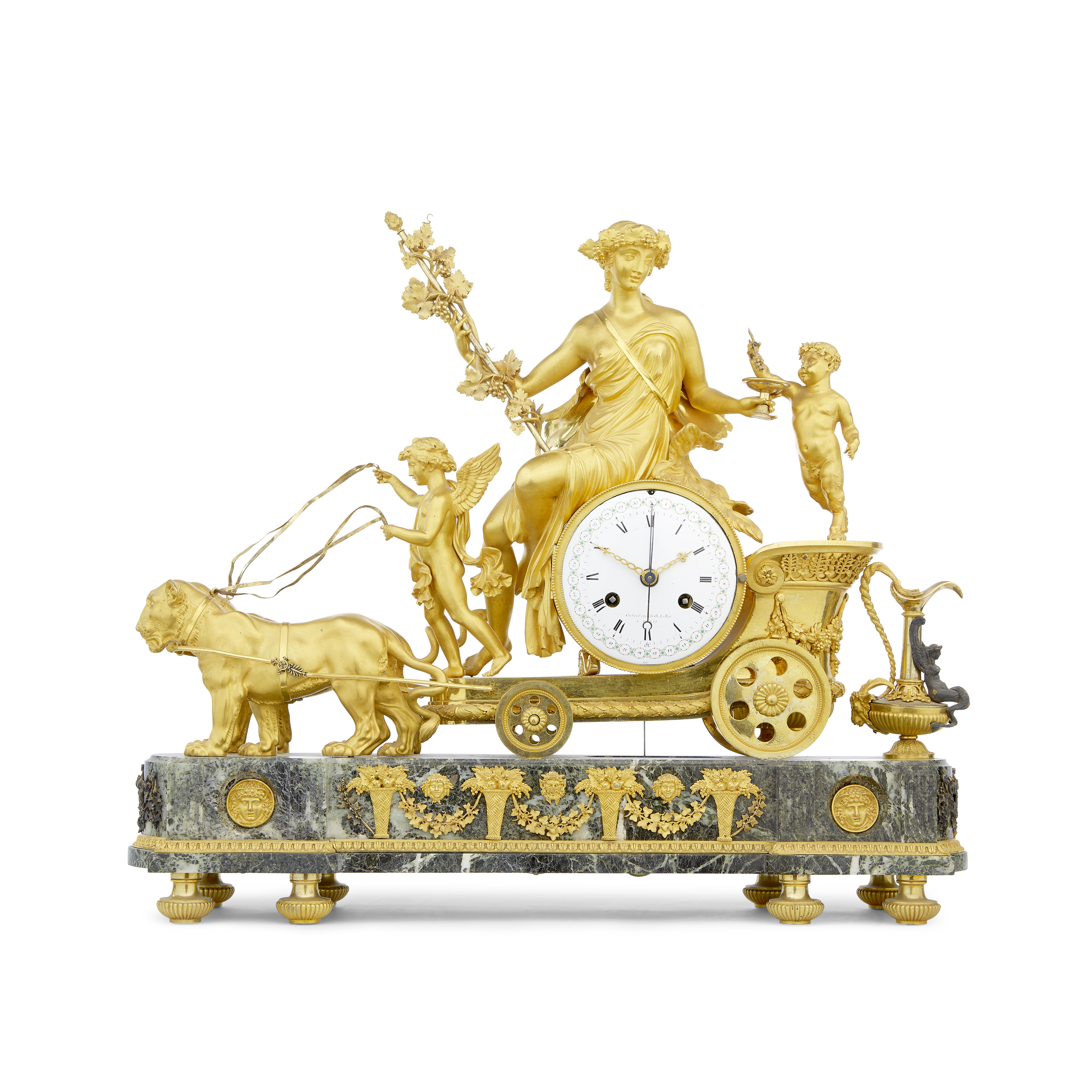 A magnificent early 19th century French ormolu and marble mantel clock with dial by Duboisson, p...