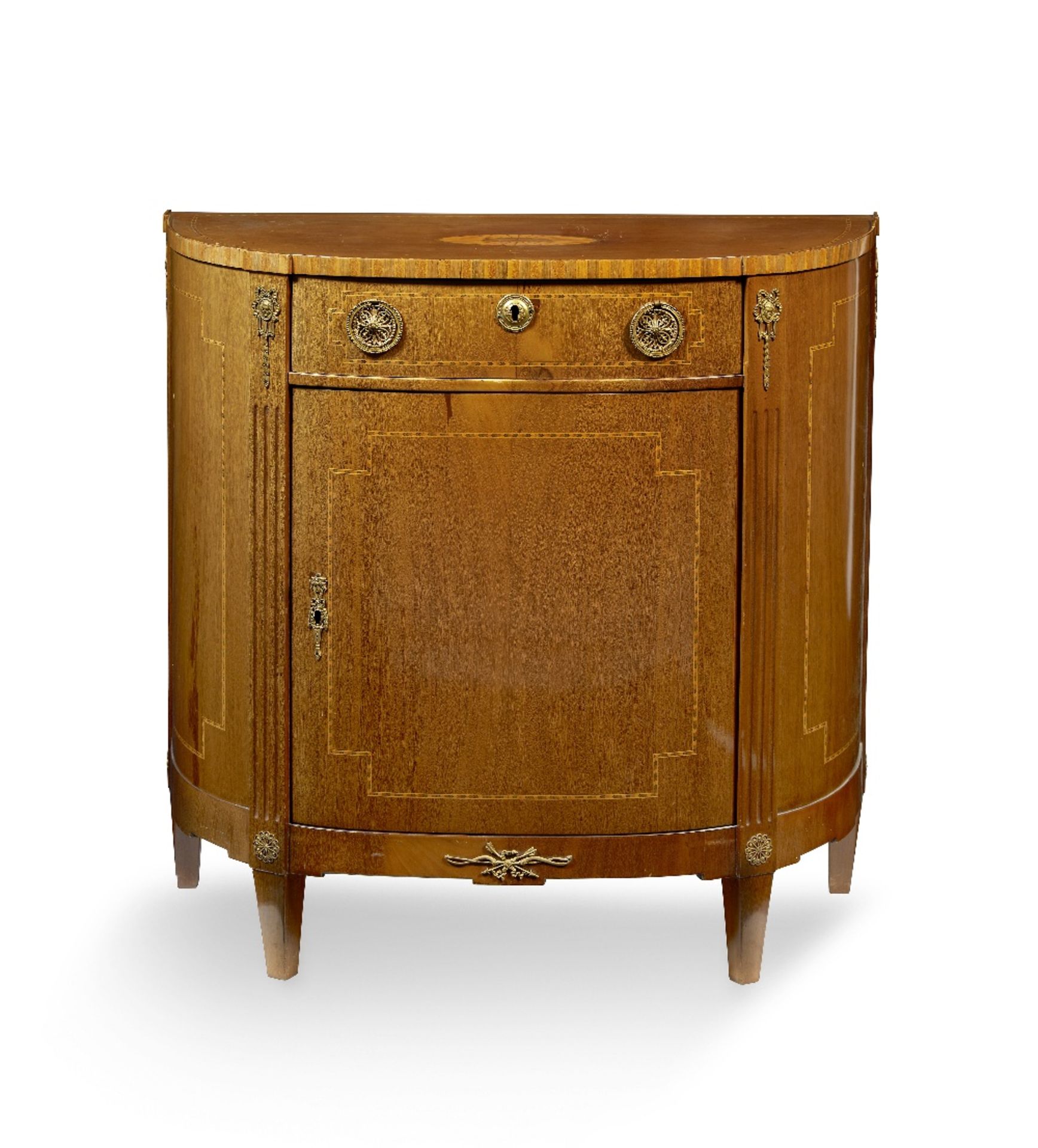 A Dutch 18th century mahogany, marquetry and gilt metal mounted demi-lune commode