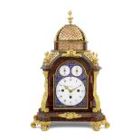 A fine mid 18th century gilt-metal mounted tortoiseshell musical table clock with silver and cha...