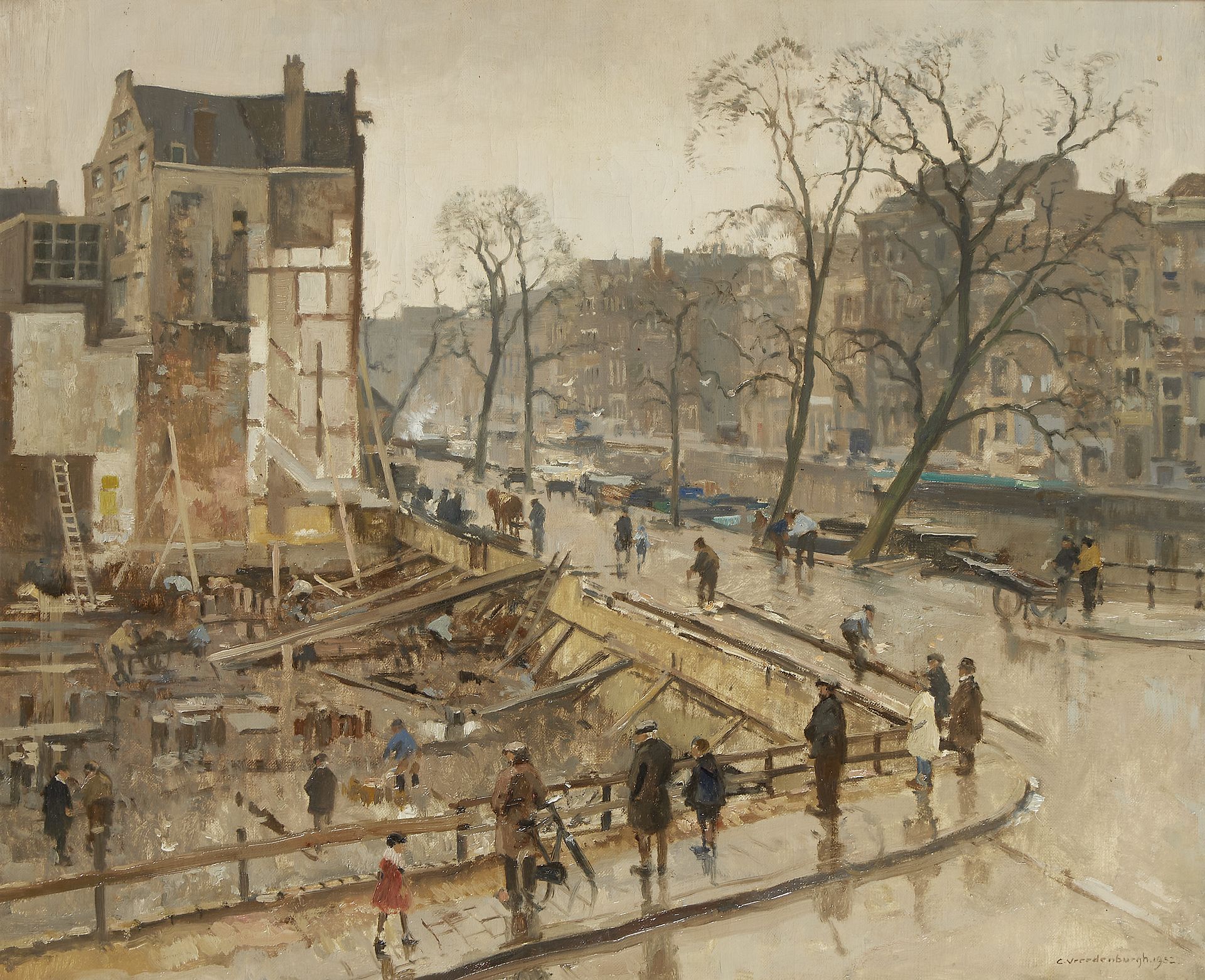 Cornelis Vreedenburgh (Dutch, 1880-1946) Doorbraak Hoek Paleisstraat/Singel te Amsterdam (Breakt...