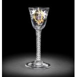 A very rare Beilby enamelled armorial wine glass, circa 1765-70