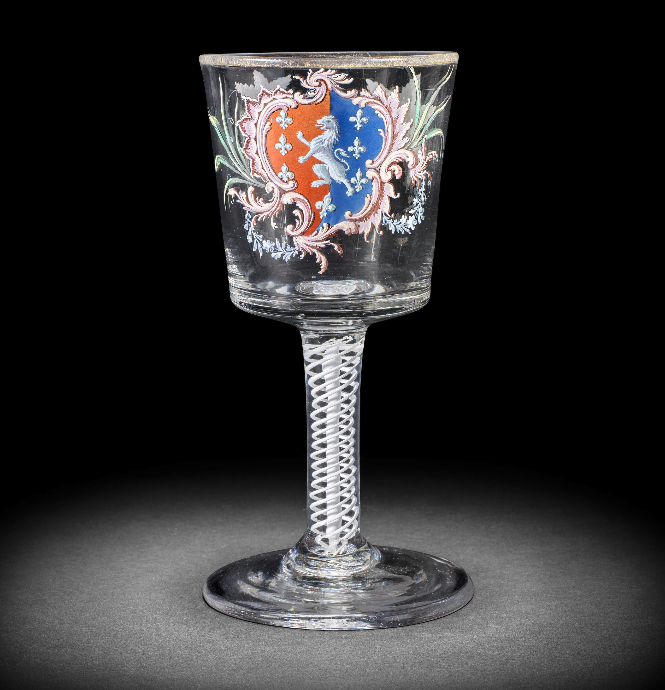 The 'Buckmaster' Goblet: a highly important Beilby enamelled armorial goblet, circa 1765