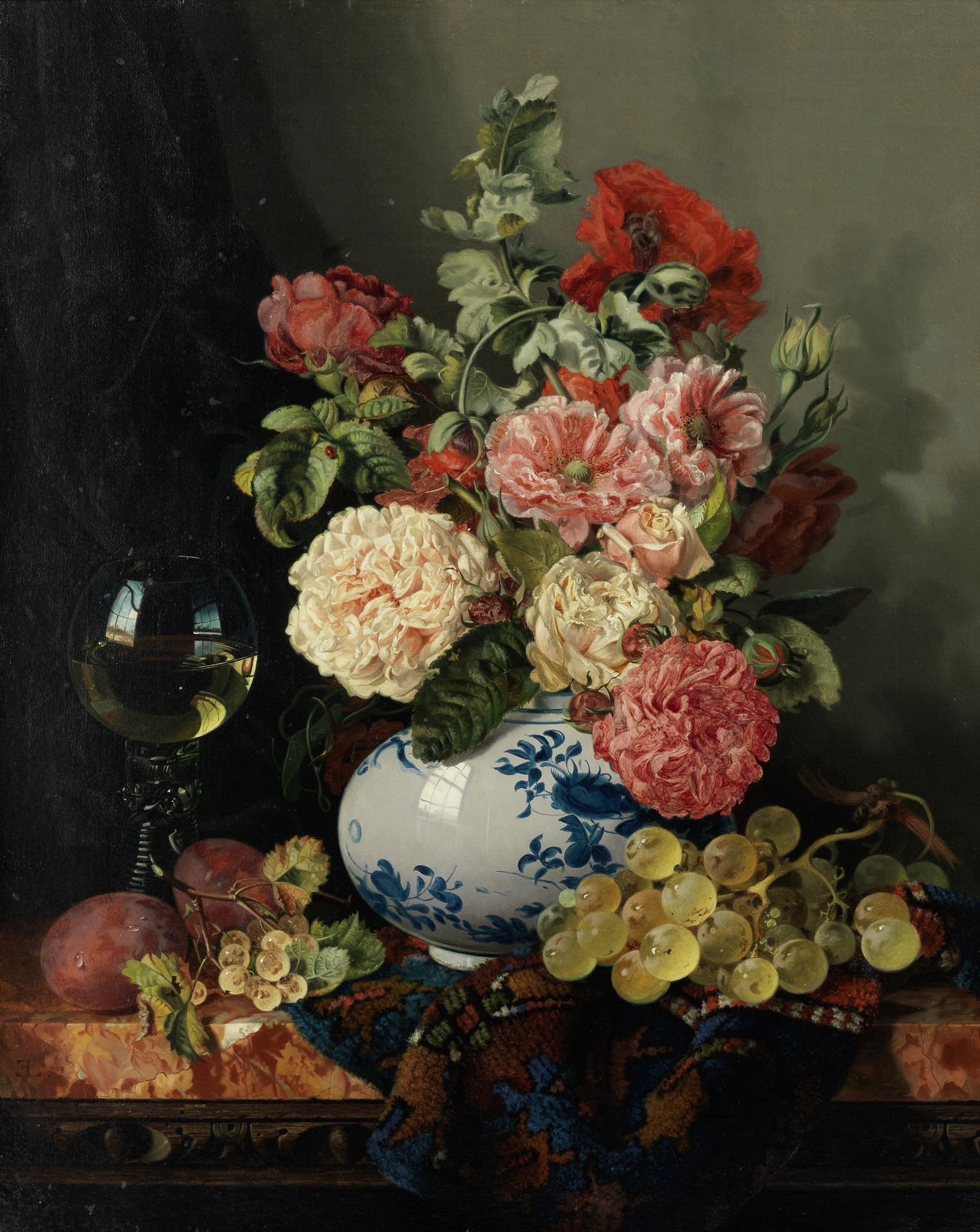 Edward Ladell (British, 1821-1886) Still life of a wine glass with a vase of poppies and roses