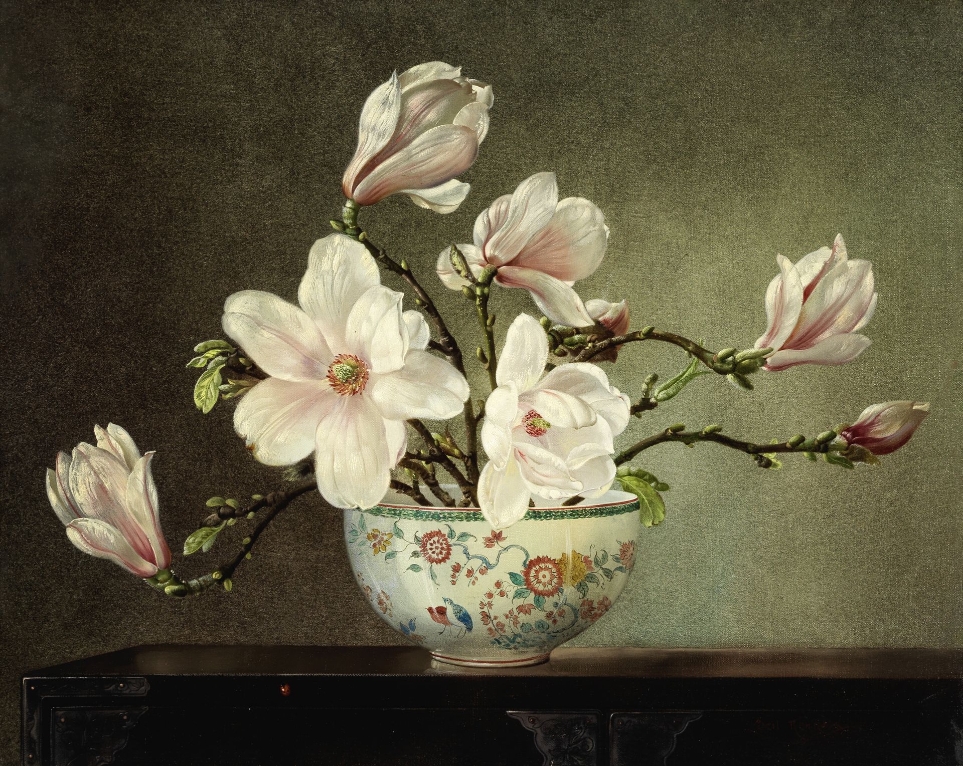 Cecil Kennedy (British, 1905-1997) Magnolia in a porcelain bowl decorated with two quails in kak...