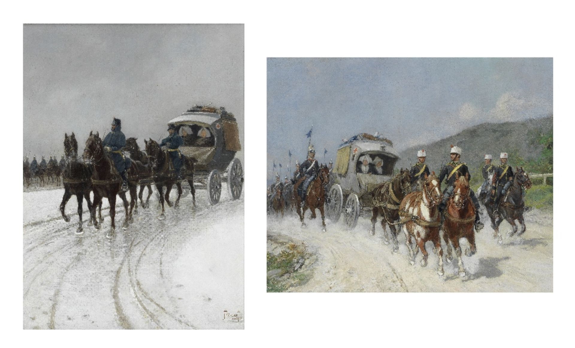 Sebastiano Panunzi (Italian, 1845-1924) Ambulances escorted by Italian cavalry, a pair each 33.3...