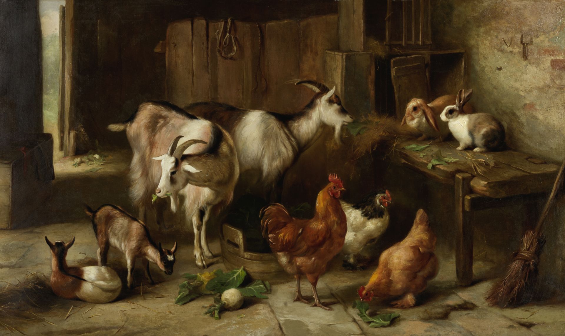 Edgar Hunt (British, 1876-1953) Goats, hens and rabbits in a barn