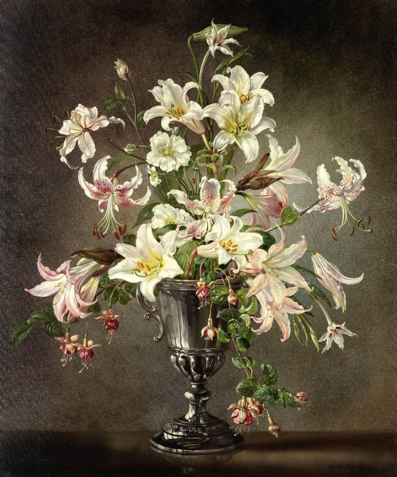 Cecil Kennedy (British, 1905-1997) Still life of lilies, fuchsias and japanese anemones