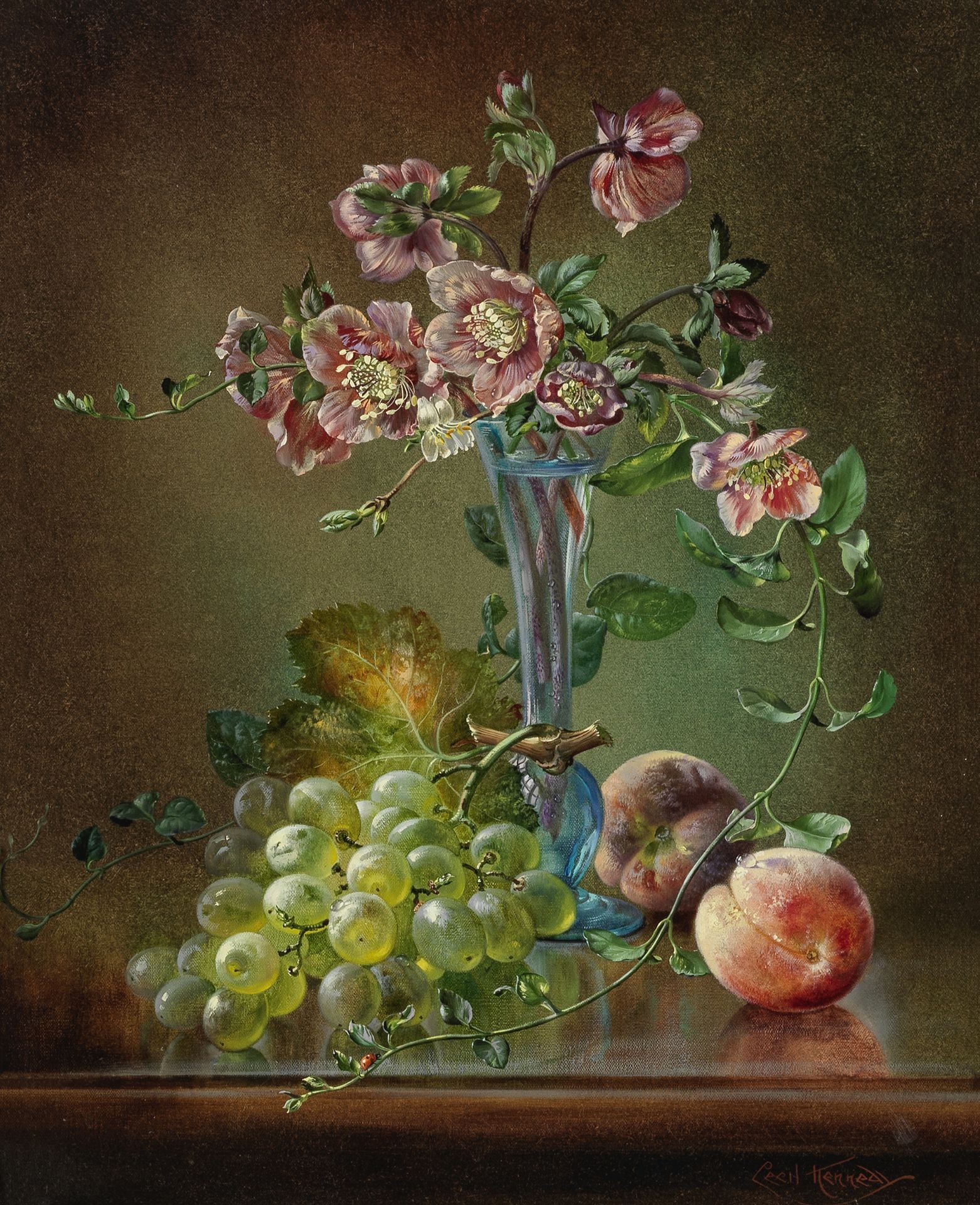 Cecil Kennedy (British, 1905-1997) Hellebores in a glass vase with white grapes and peaches rest...