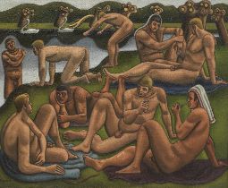 William Roberts R.A. (British, 1895-1980) Parson's Pleasure (On the Lawn) 40.9 x 51.4 cm. (16 1/...