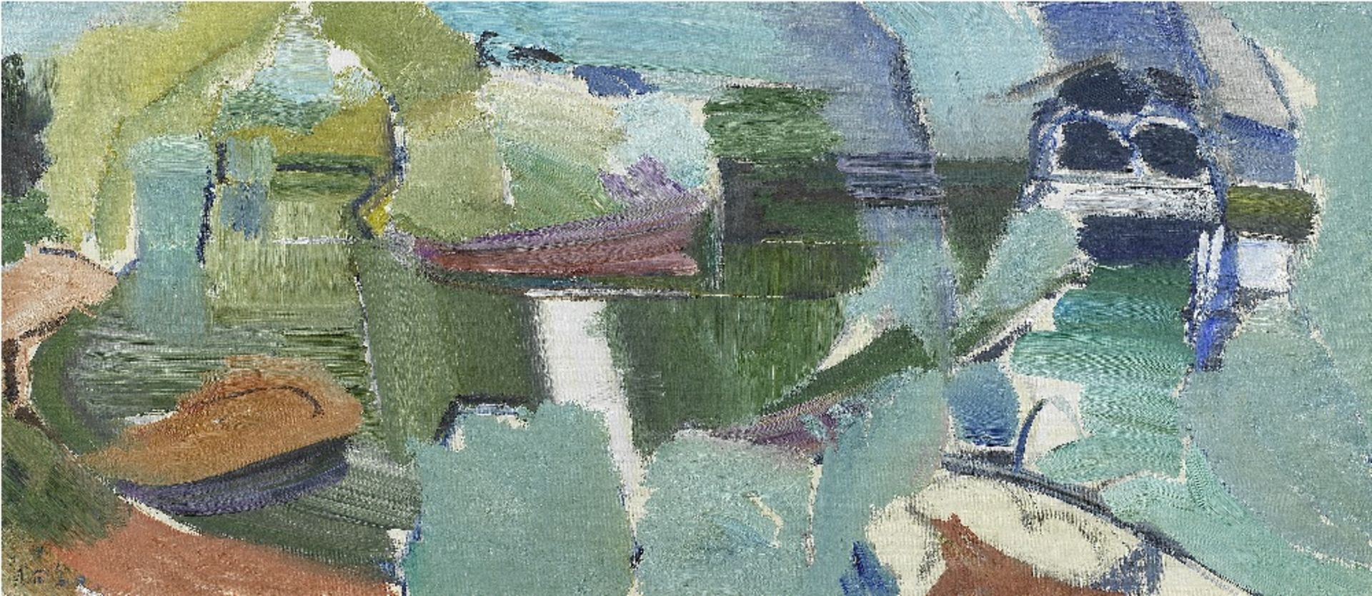 Ivon Hitchens (British, 1893-1979) Two Boats on Summer Water 51.4 x 116.8 cm. (20 1/4 x 46 in.)
