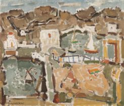 Yiannis Spyropoulos (Greek, 1912-1990) Port insulaire (Peint en 1955.signed in Greek ( lower lef...