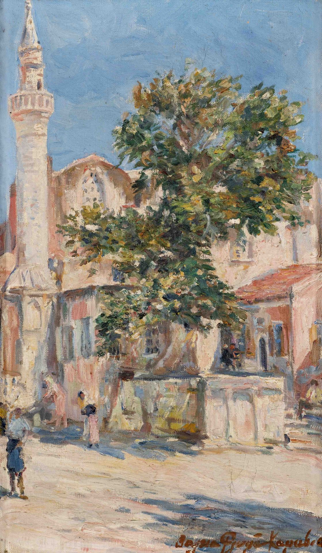 Thalia Flora-Caravia (Greek, 1871-1960) La mosque dans la ville de Rhodes (Peint en 1928.signed ...