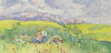 Epaminondas Thomopoulos (Greek, 1878-1974) M&#232;re avec enfant dans les champs (signed in Gree...