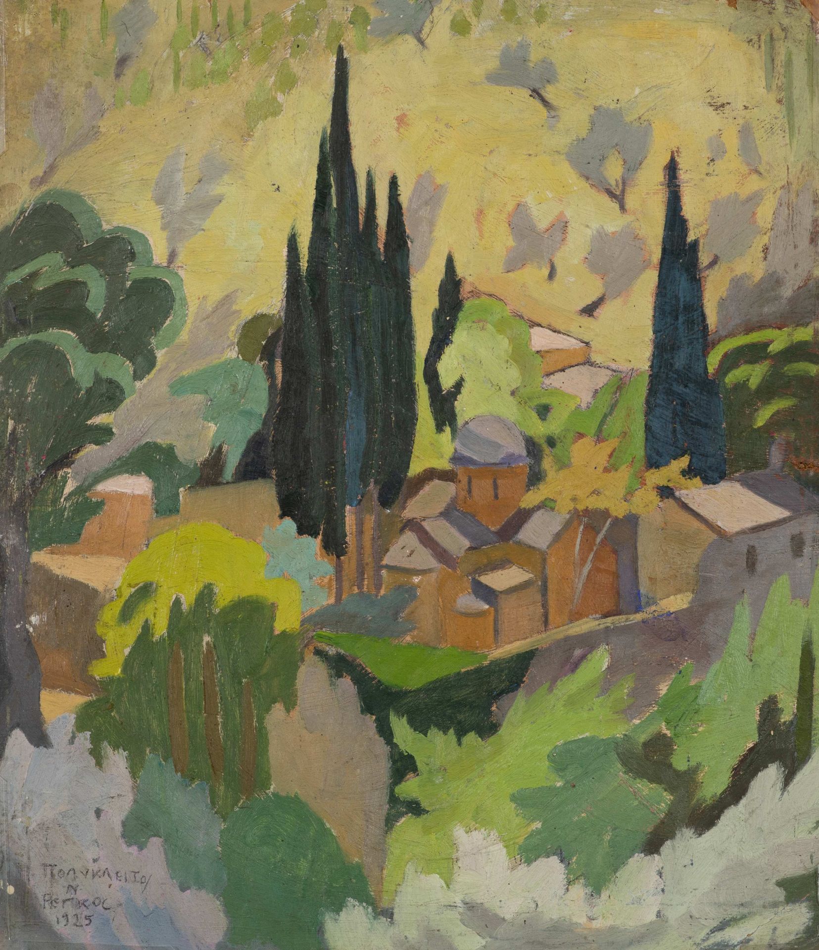 Polykleitos Rengos (1903-1984) Vue de Kessariani (signed in Greek and dated (lower left)oil on ...