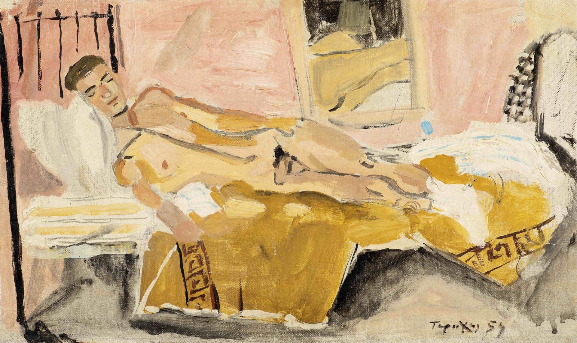 Yiannis Tsarouchis (Greek, 1910-1989) Gar&#231;on couch&#233; (Peint en 1954.signed in Greek and...