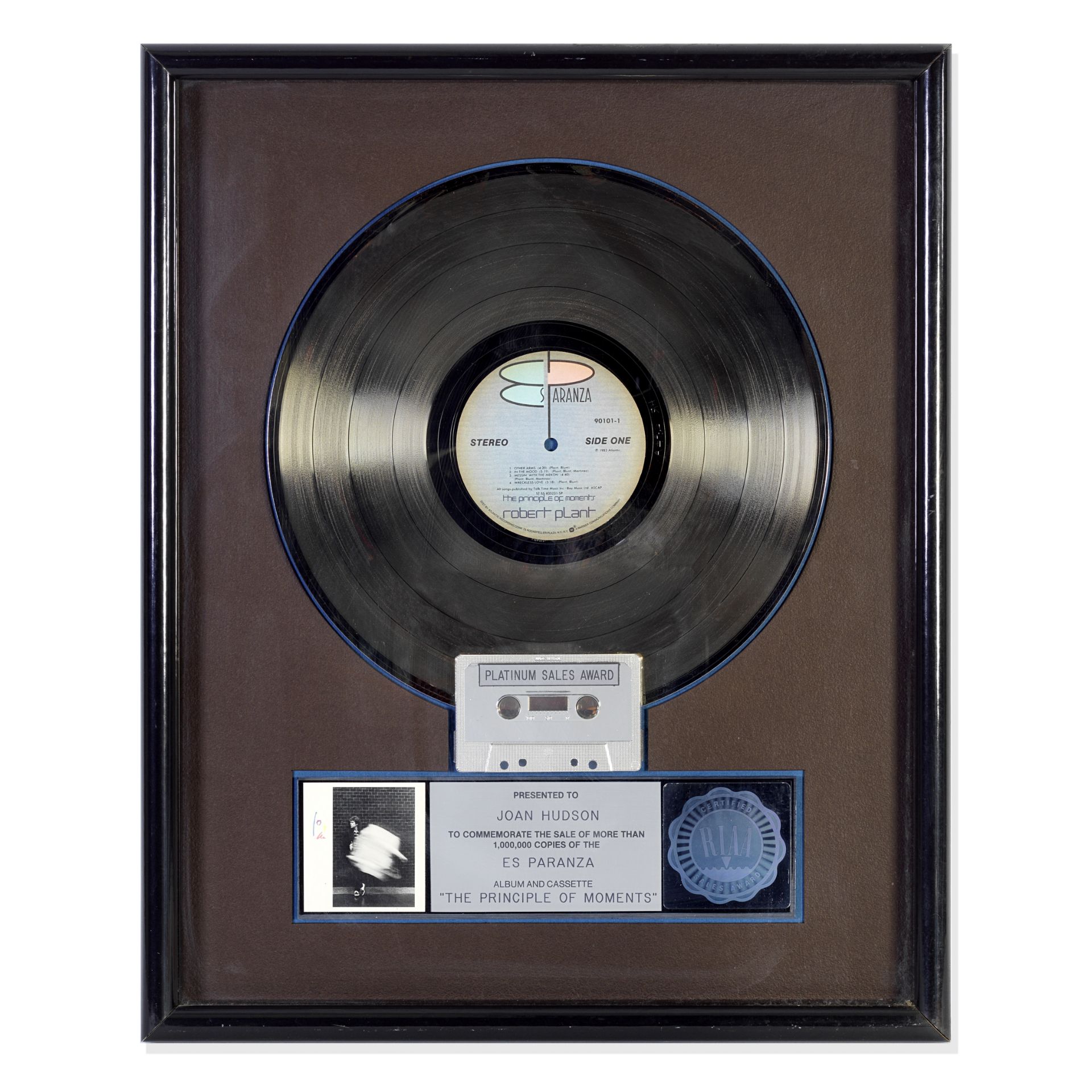 Robert Plant: A RIAA 'Platinum' Disc Award For The Album The Principle Of Moments, 1984,