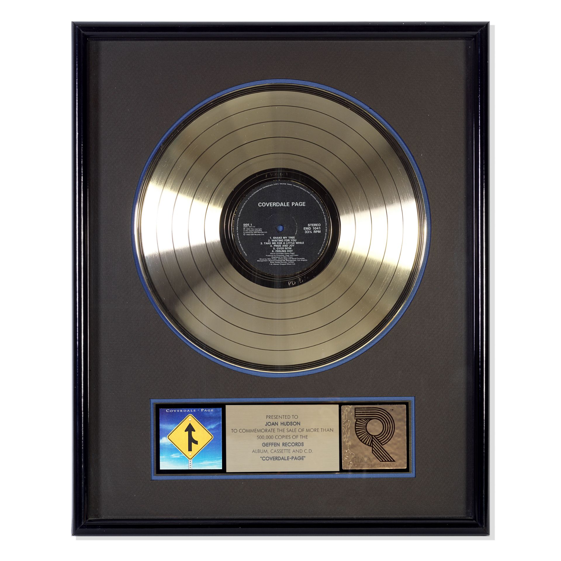 Jimmy Page/David Coverdale: A RIAA 'Gold' Disc Award For The Album Coverdale-Page, 1993,
