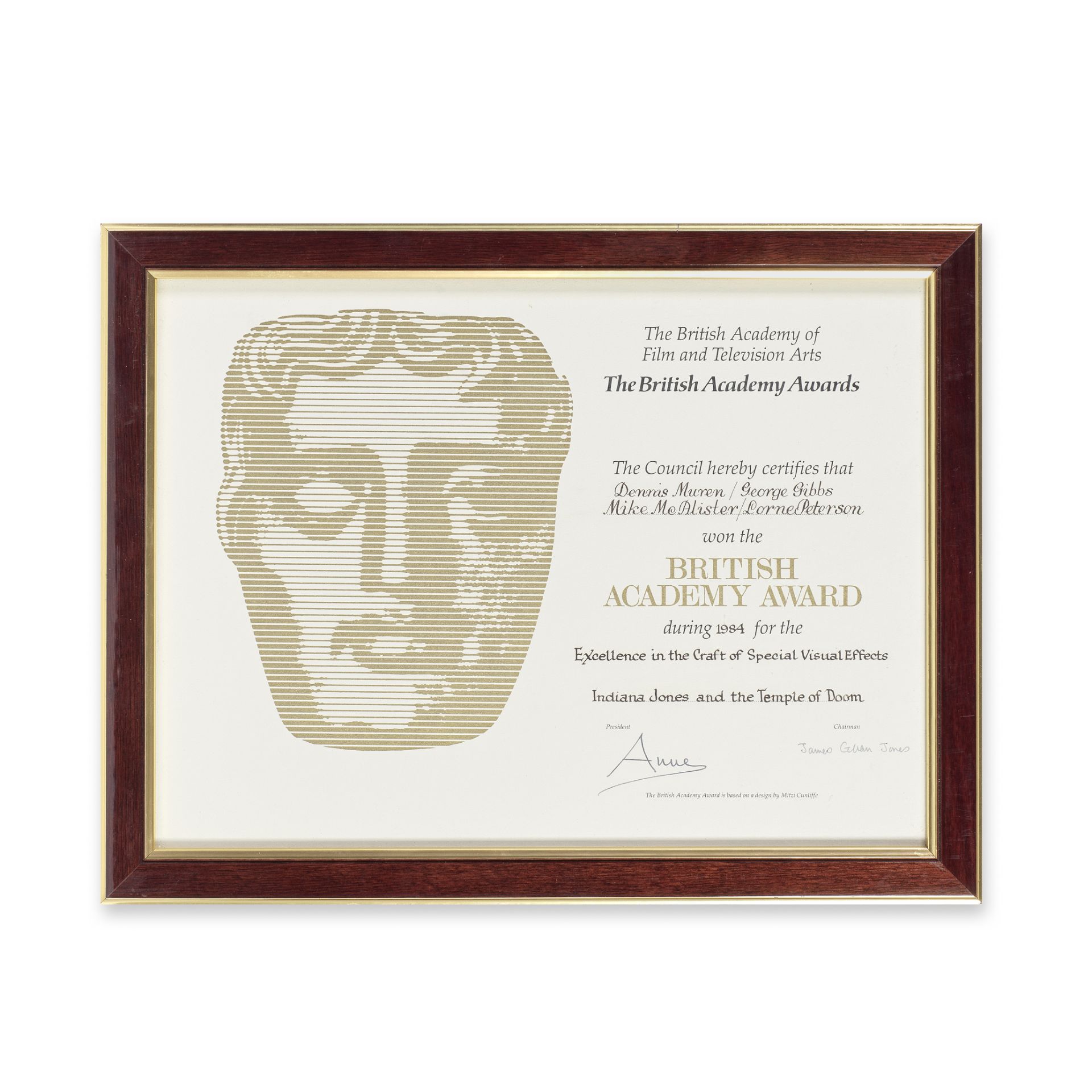 Indiana Jones and The Temple of Doom: A BAFTA&#174; Award Certificate Presented To George Gibbs,...
