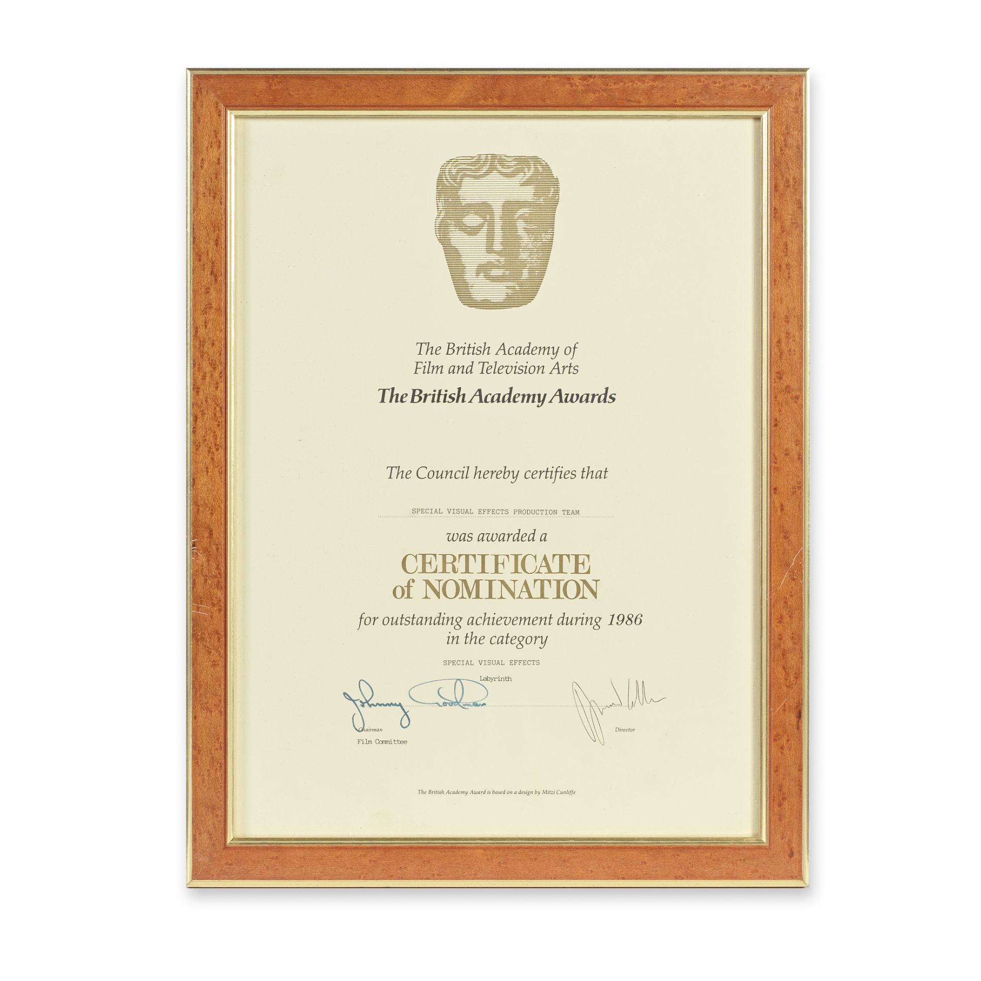 Labyrinth: A BAFTA&#174; Nomination Certificate Presented To The Special Visual Effects Team, 1986,