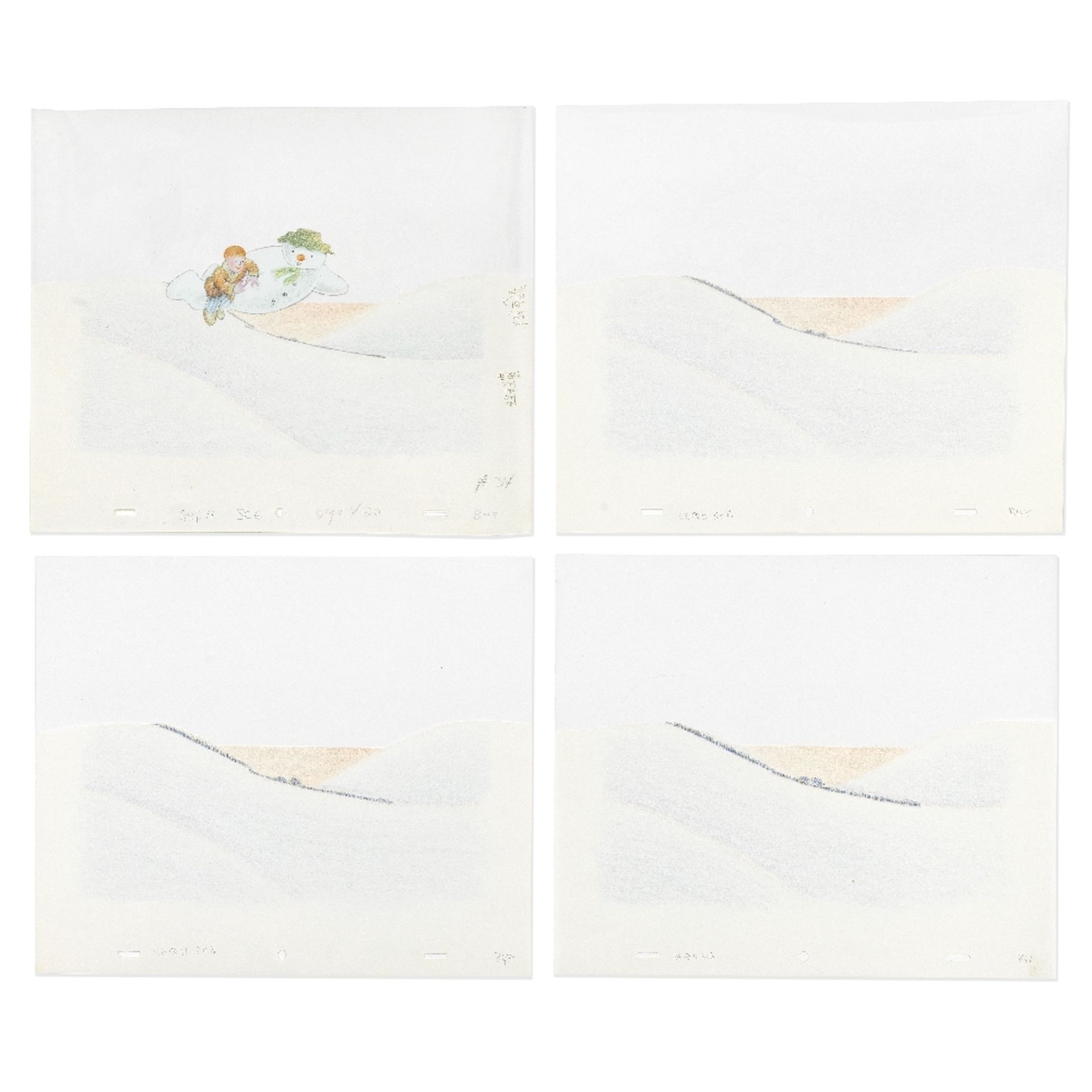 The Snowman: A Collection of Original Animation Cels of James and The Snowman Flying with Snowsc...