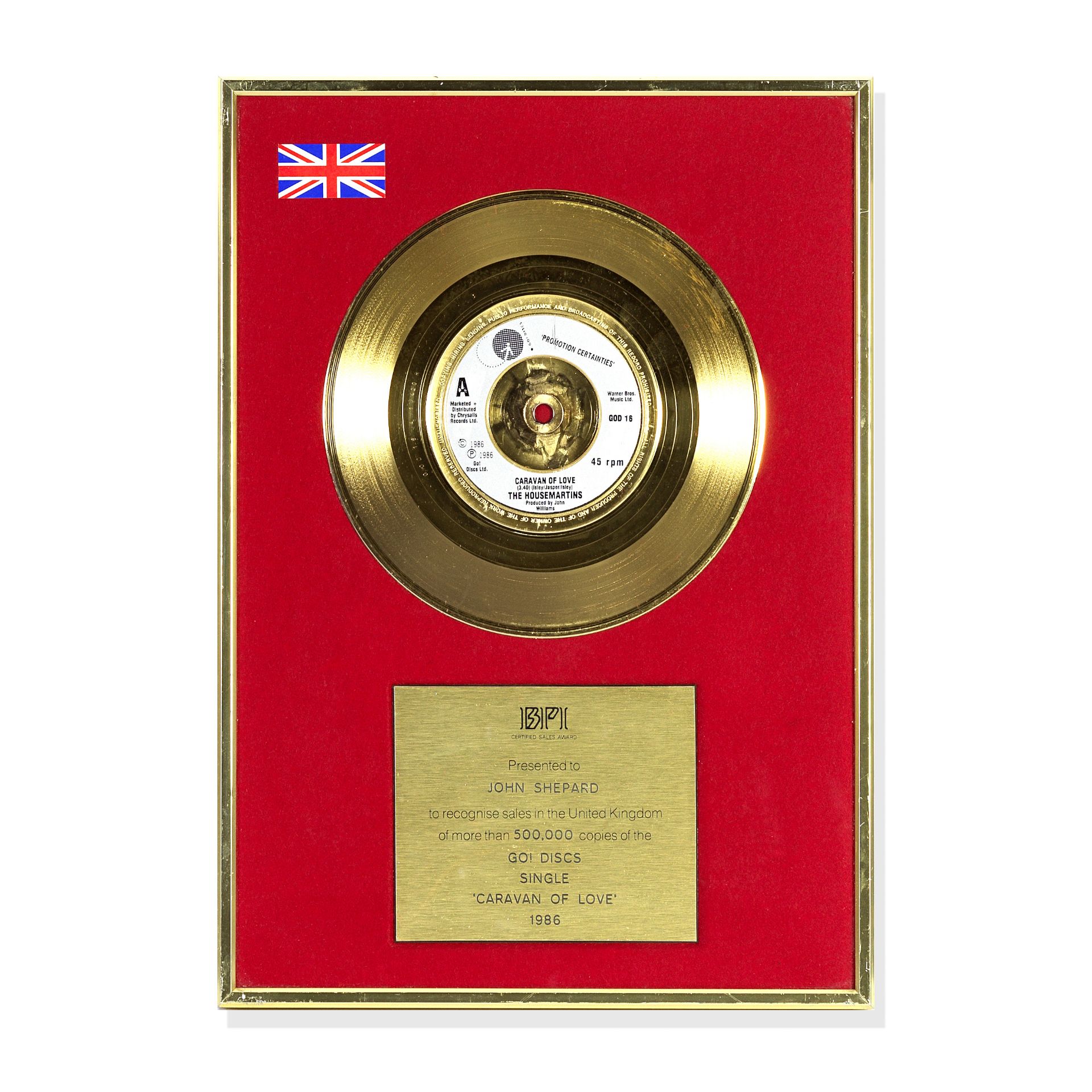 The Housemartins: A BPI 'Gold' Disc Award For The Single Caravan of Love, 1986,