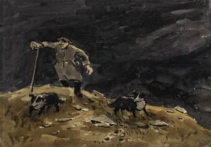 Sir Kyffin Williams R.A. (British, 1918-2006) Shepherd & Sheep Dogs