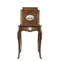 An early Victorian porcelain and ormolu mounted rosewood and tulipwood jewellery coffer on stand...