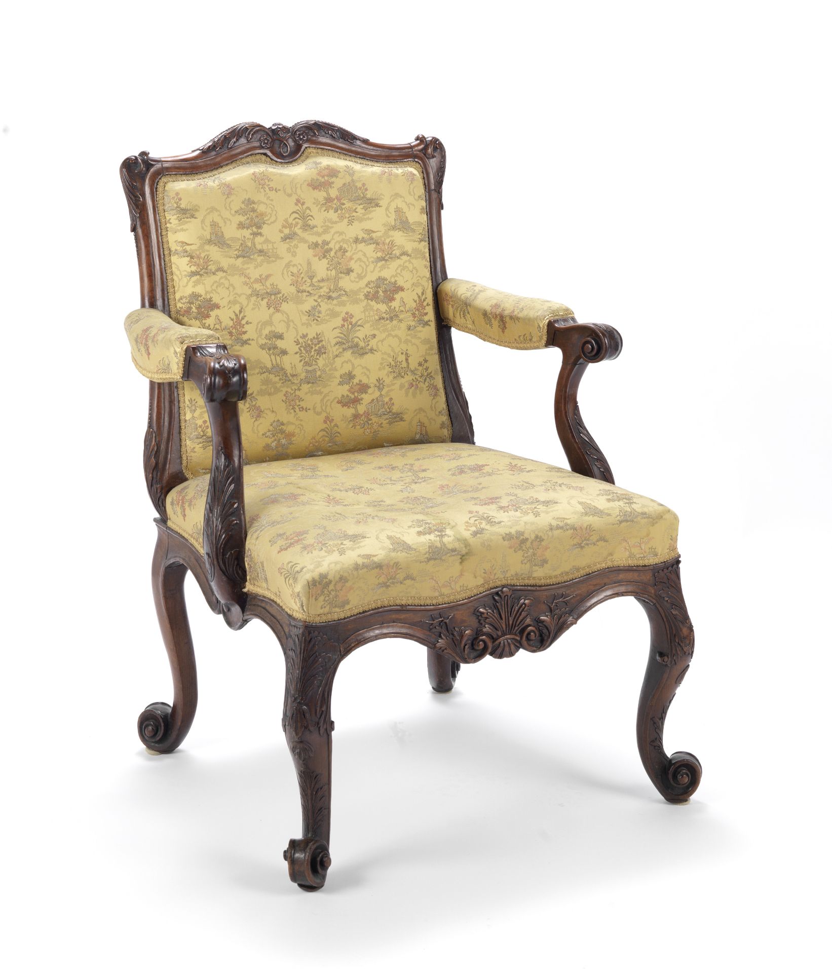 A George II walnut armchair 1750-1755, either made by the firm of Wright and Elwick or executed ...