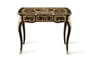 An early Victorian ormolu mounted ebony, mother of pearl, purplewood, harewood and fruitwood mar