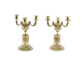 A rare pair of George III gilt bronze and white marble four light 'Burgoyne' candle vases by Mat...