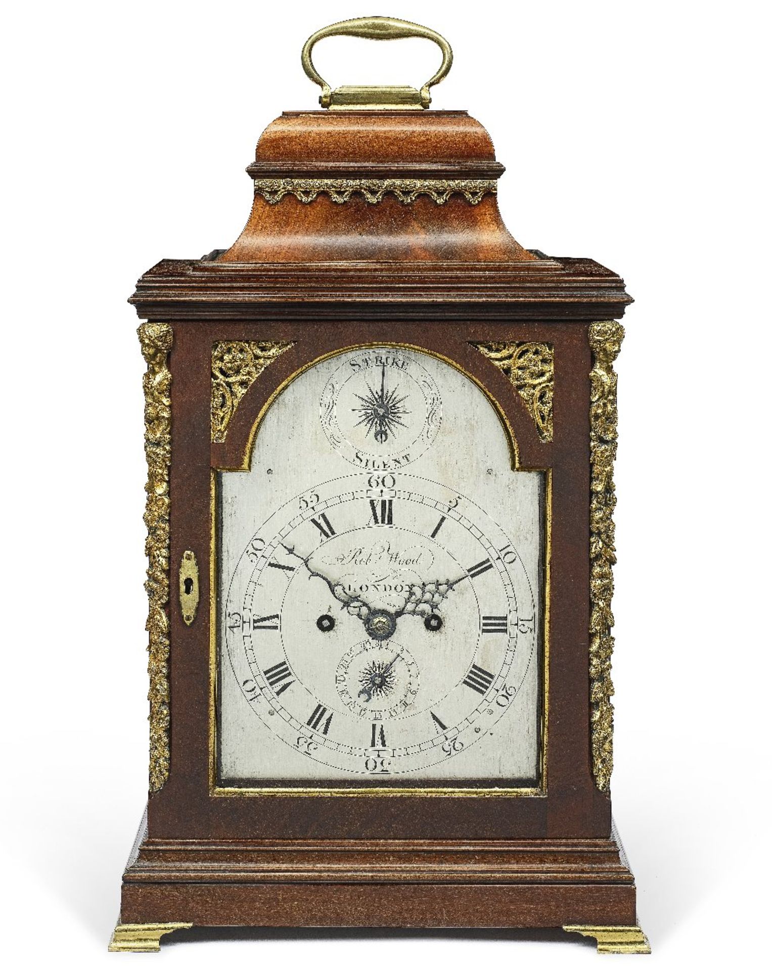 A late 18th century brass mounted mahogany bell top table clock Robert Wood, London