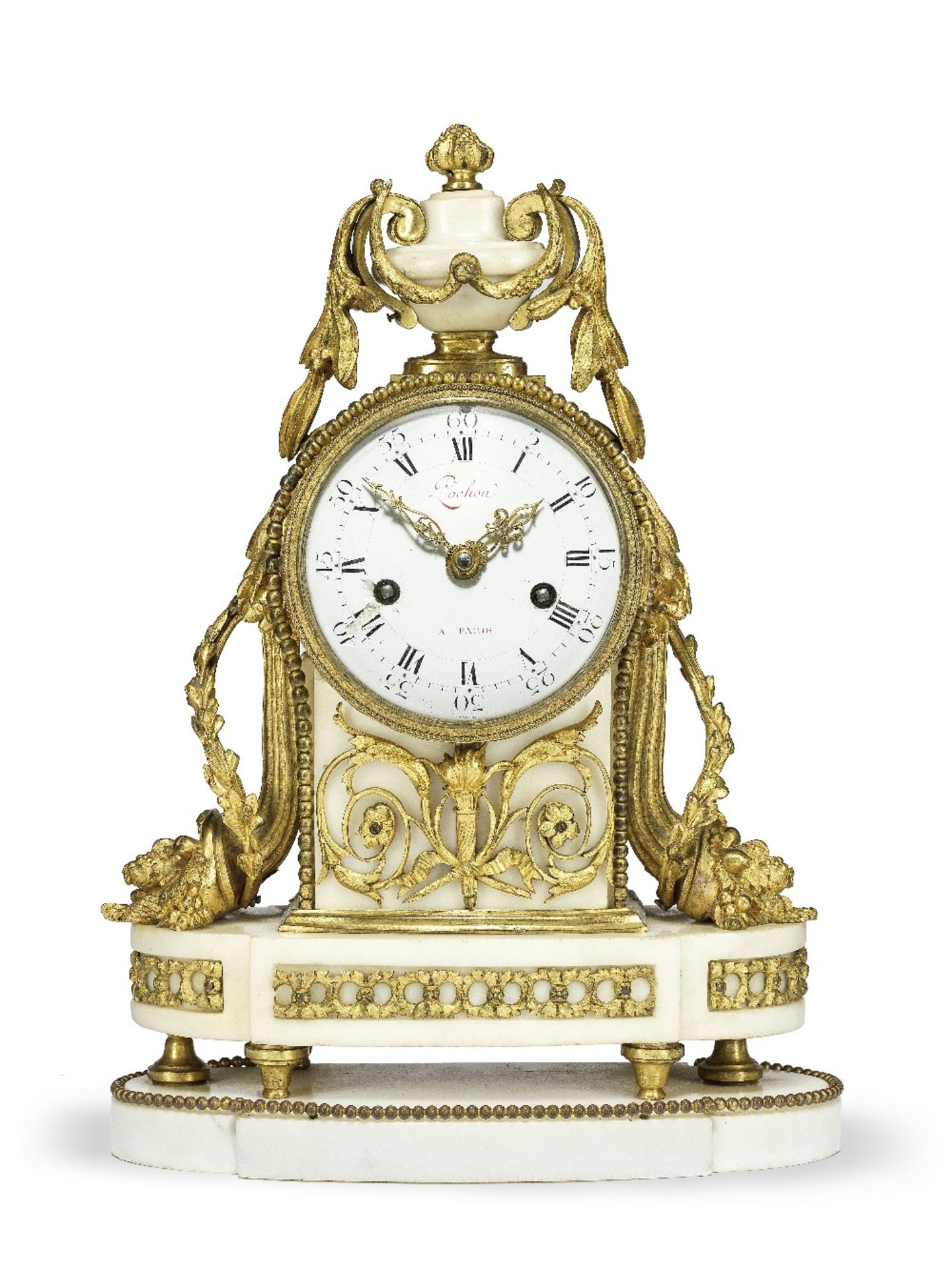 A late 18th century French ormolu and marble mantel clock with enamel dial by Coteau Pochon, Paris