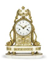 A late 18th century French ormolu and marble mantel clock with enamel dial by Coteau Pochon, Paris