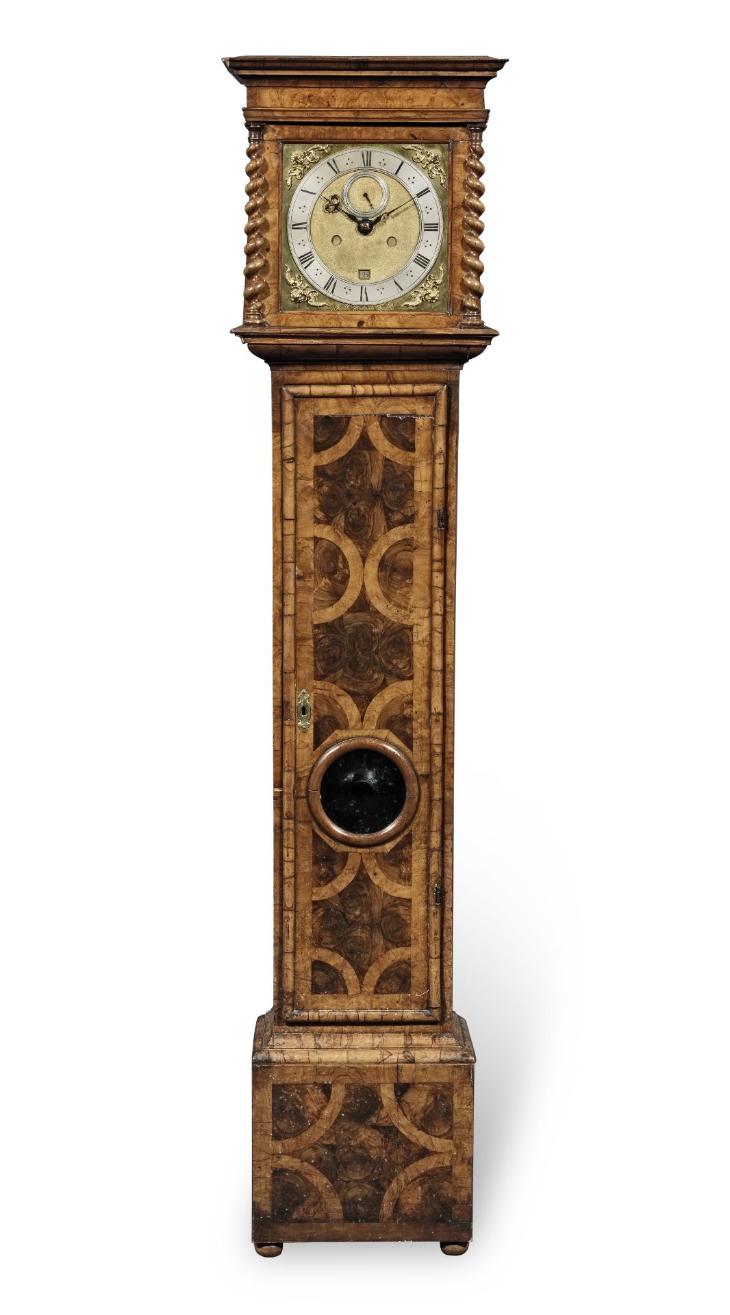 A burr walnut and oyster veneered longcase clock with 10.25 inch dial and bolt-and-shutter maintaini