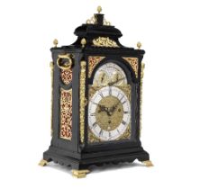 An ebonised musical table clock with six tunes playing on 26 hammers and 17 bells, 18th century and