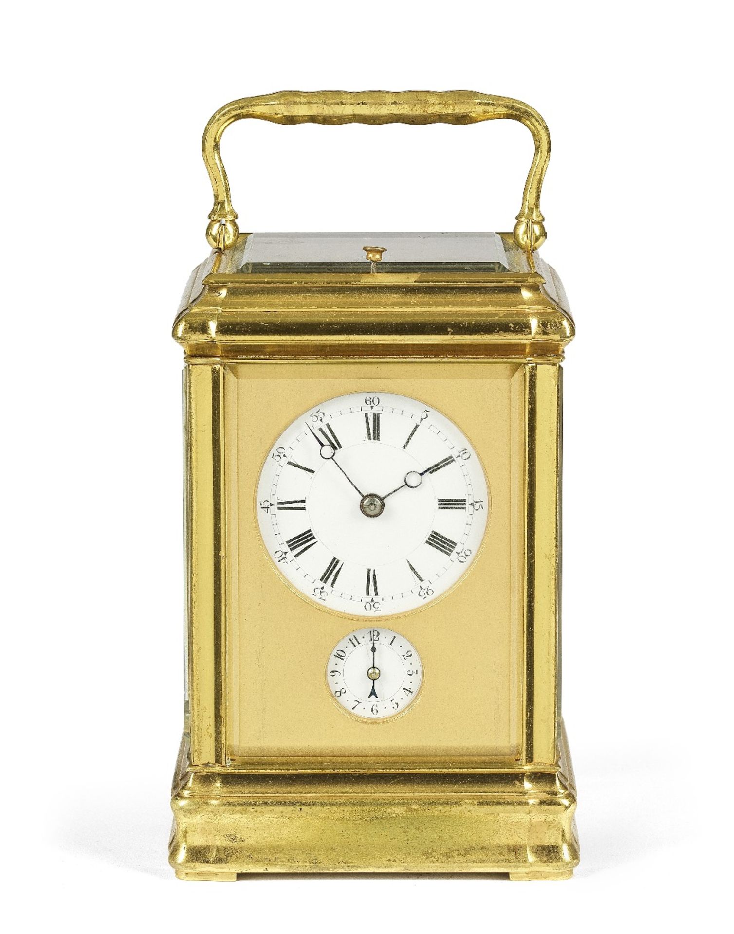 A good late 19th century French brass gorge cased grande sonnerie striking carriage clock with alarm