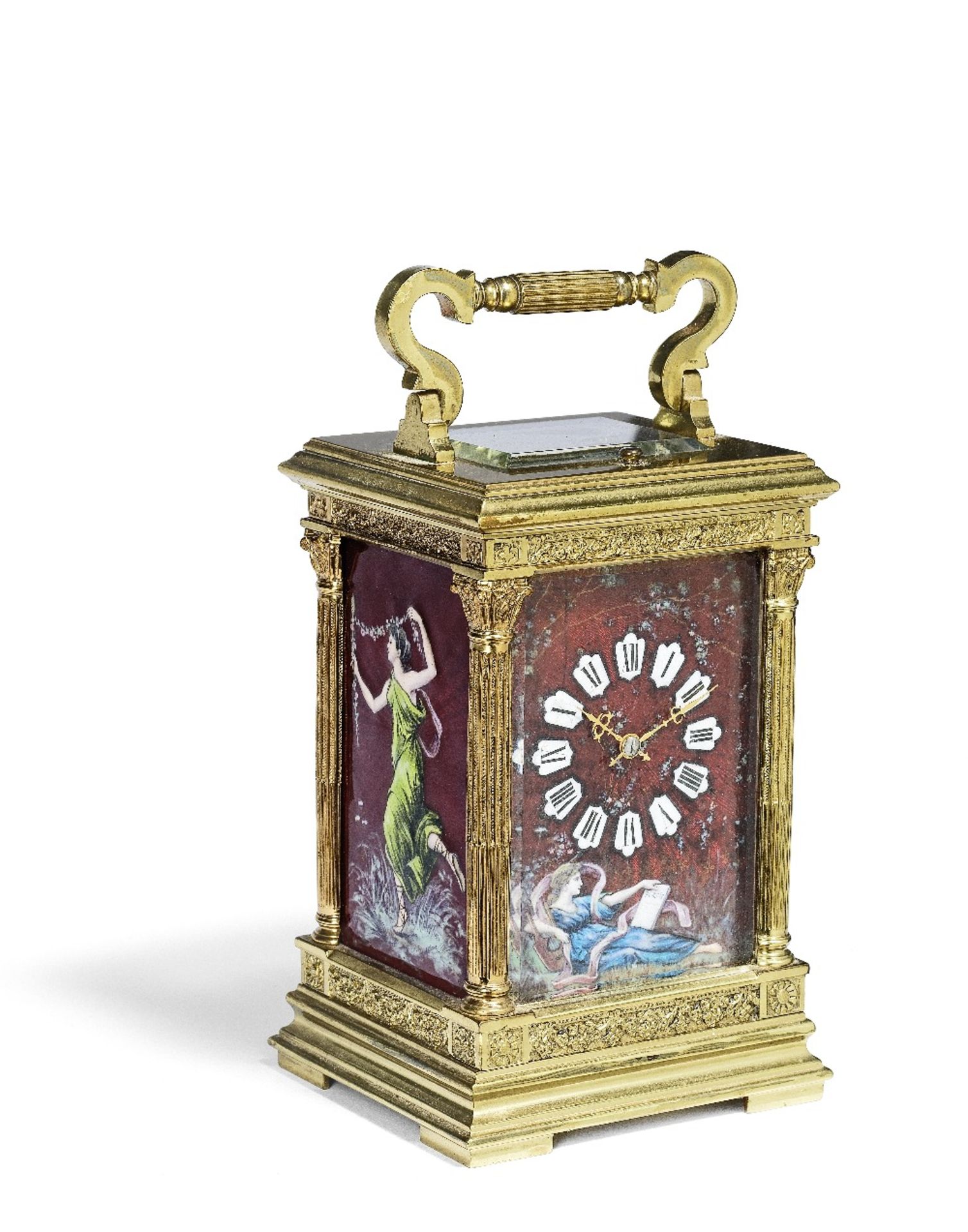 A good late 19th century French lacquered brass repeating carriage clock with enamel panels by H Dou