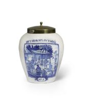 A Dutch Delftware tobacco jar and brass cover, De Drie Klokken (The Three Bells) factory, second...