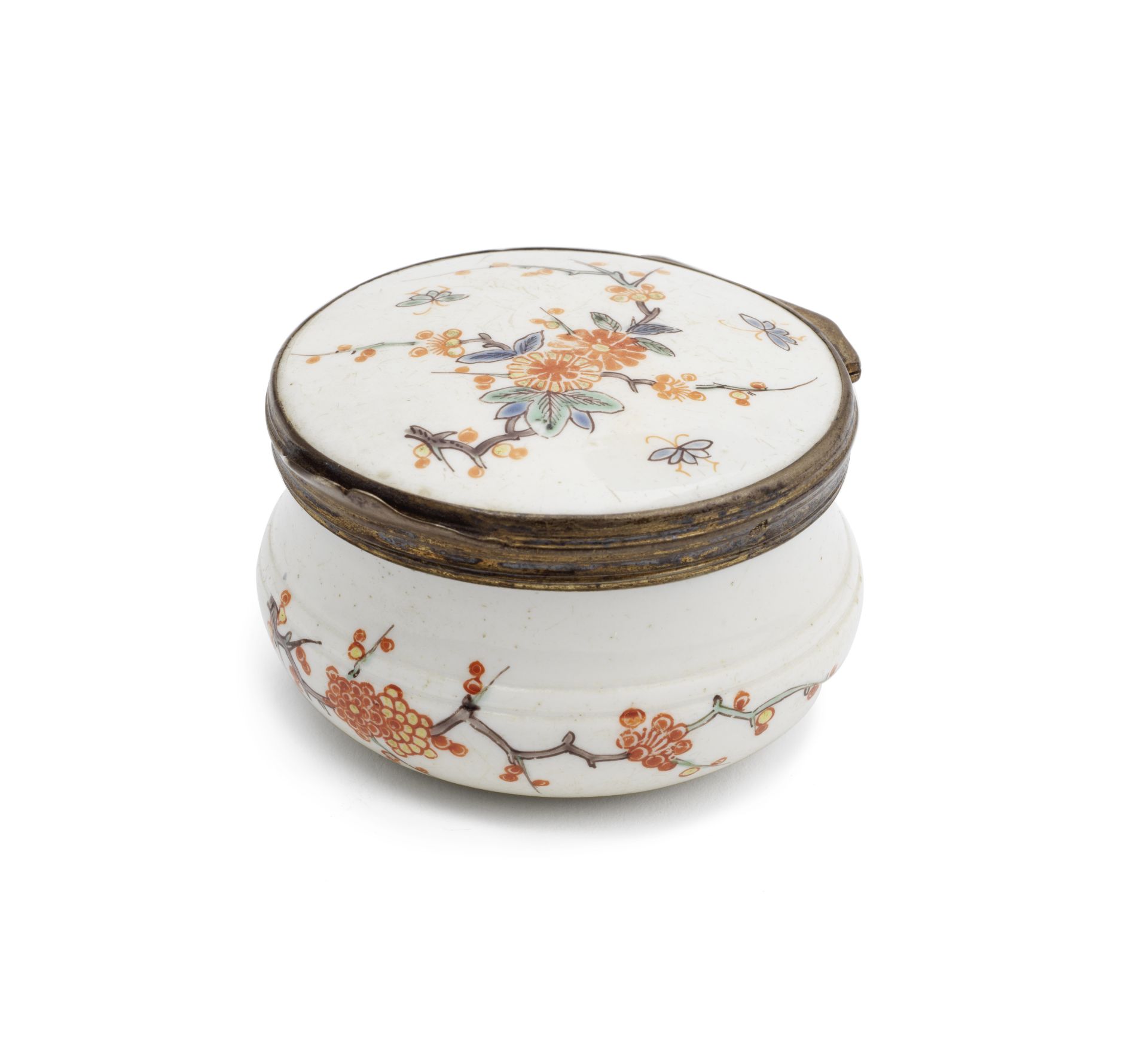 A silver-gilt-mounted Chantilly circular snuff box, circa 1740-50