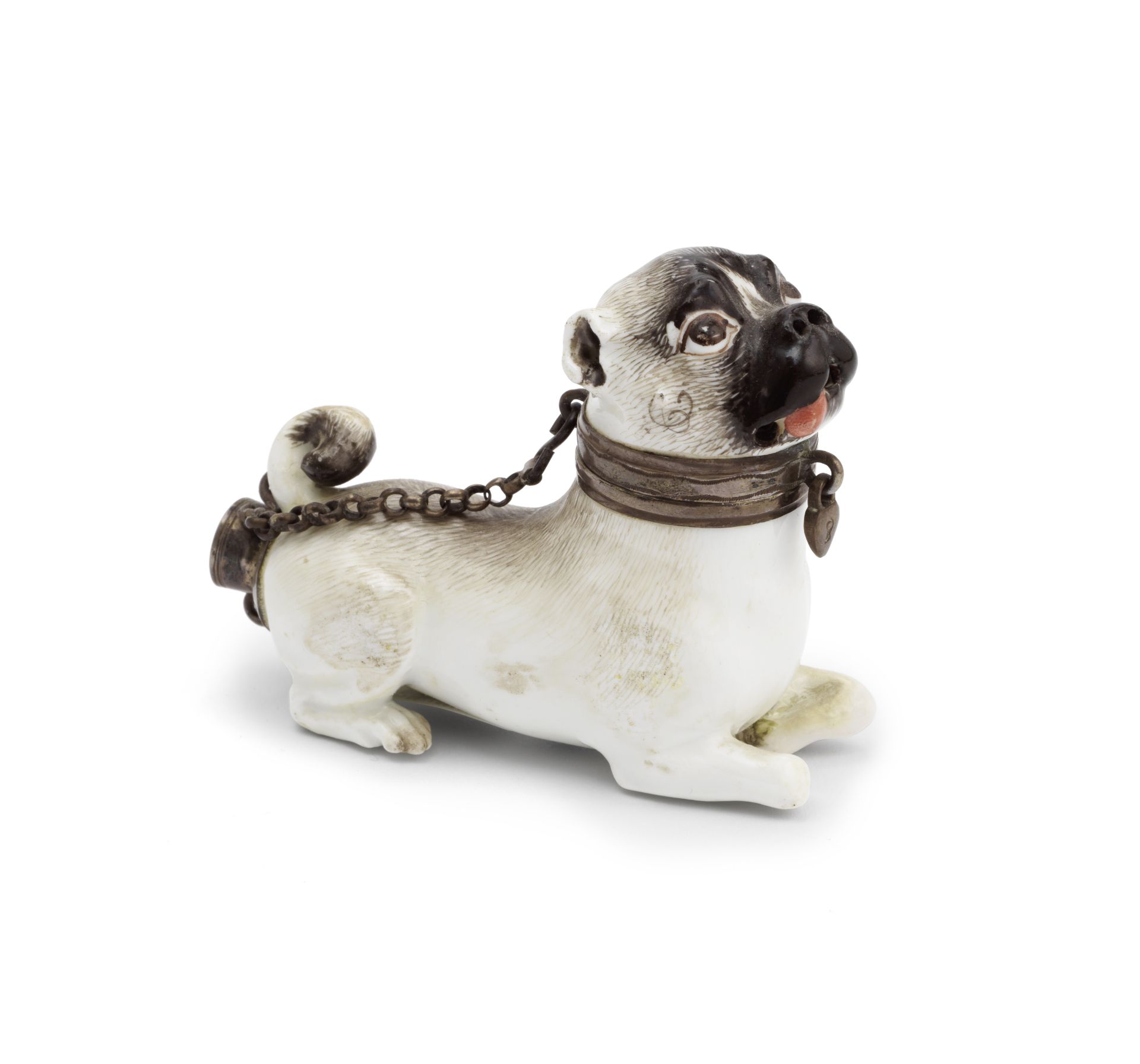 A rare Meissen silver-mounted pipe in the form of a seated pug-dog, circa 1745