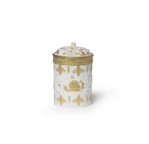 A rare Saint-Cloud ormolu-mounted tobacco jar and cover with gold Paillon decoration, circa 1710-30