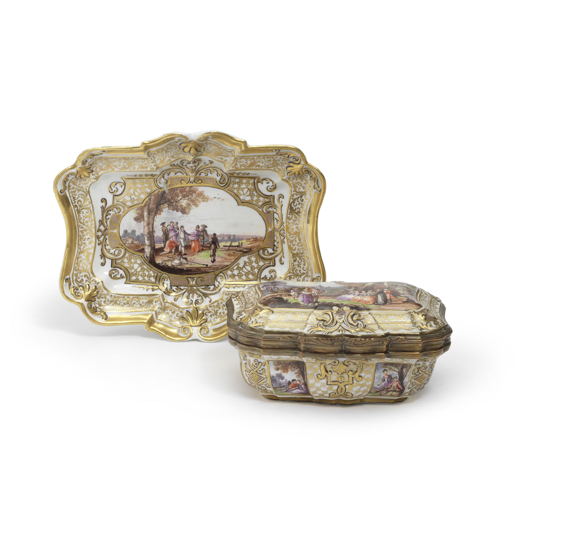 A very rare Meissen gilt-metal-mounted shaped rectangular bomb&#233; casket with cover and tray,...
