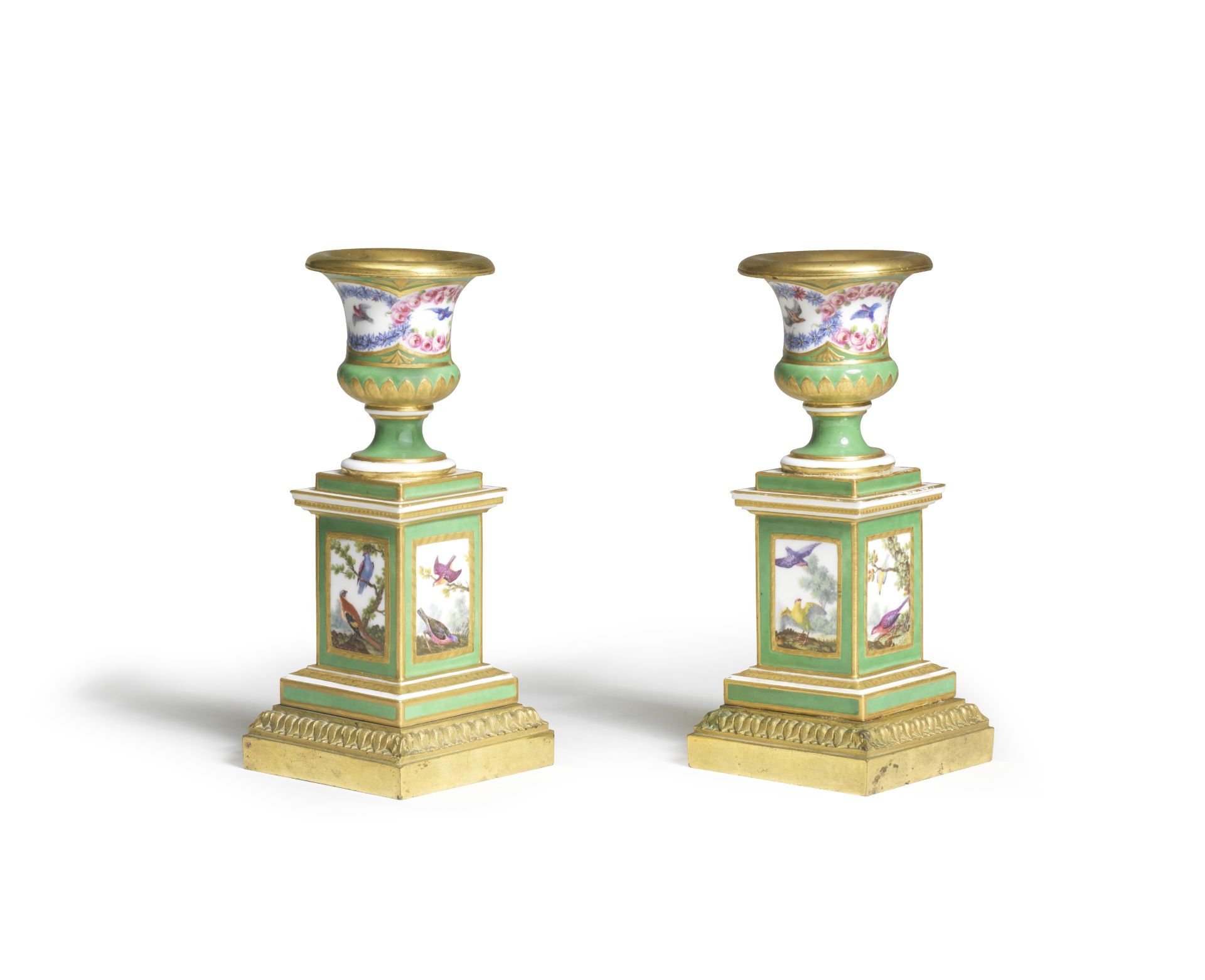 A pair of S&#232;vres green-ground gilt-metal mounted small vases, circa 1768-69
