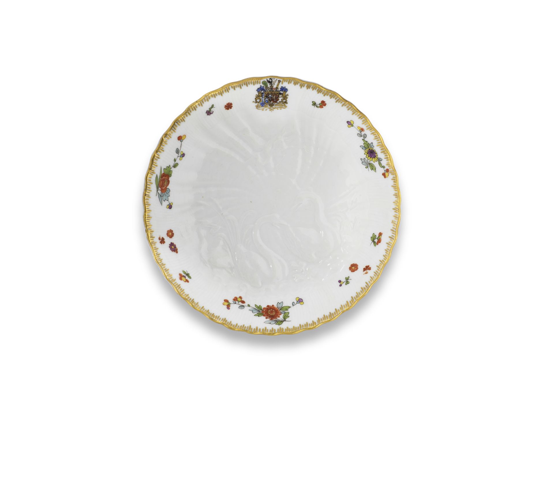 A Meissen later-decorated saucer from the Swan Service, the porcelain circa 1740, the decoration...