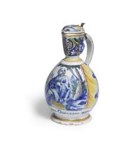 A Rouen pewter-mounted faience jug and cover, dated 1737