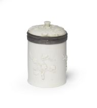 A Saint-Cloud silver-mounted tobacco pot and cover with very rare fitted inner lead tamper, circ...