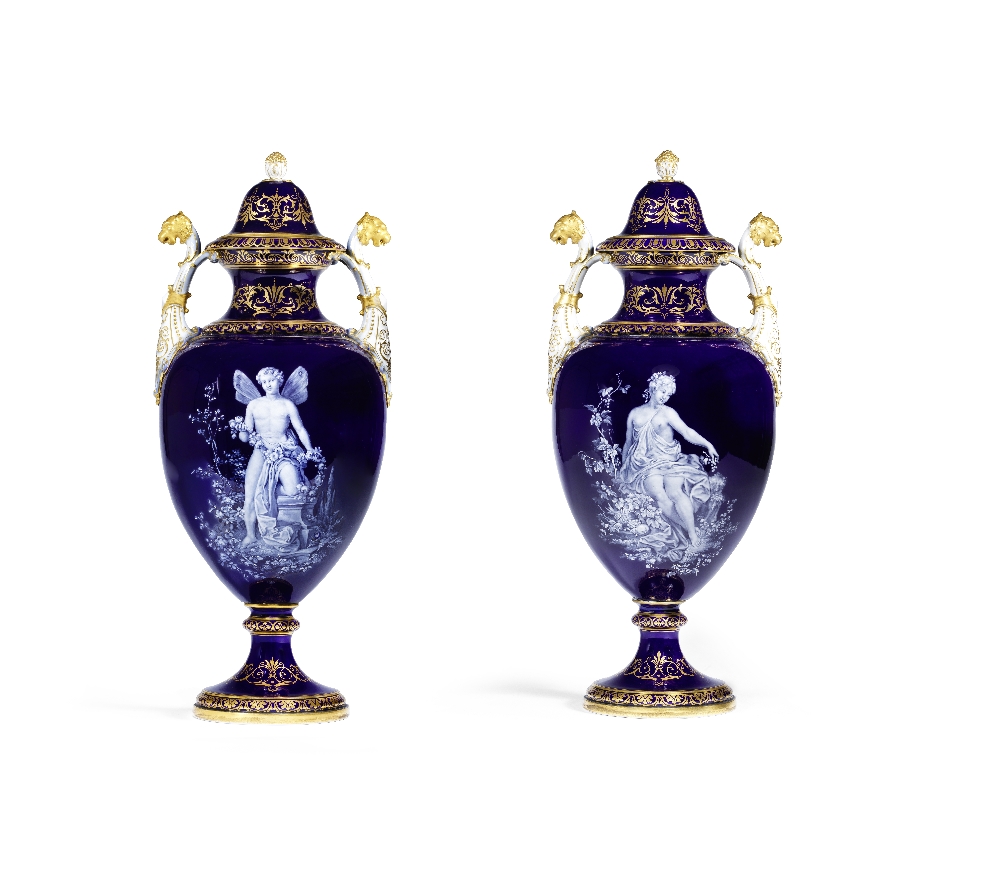 A pair of Meissen 'Limoges enamel'-style vases and covers, late 19th/early 20th century