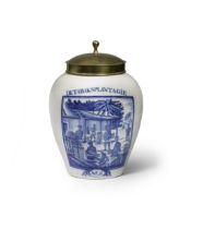 A Dutch Delftware tobacco jar and brass cover, De Drie Klokken (The Three Bells) factory, second...