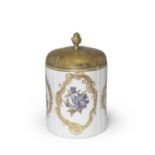 A Meissen tobacco jar mounted with gilt-metal rim and cover, circa 1740-45