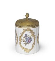 A Meissen tobacco jar mounted with gilt-metal rim and cover, circa 1740-45